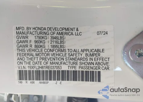 2024 Honda Civic Sport из США, поврежденный, VIN 19XFL2H81RE037053